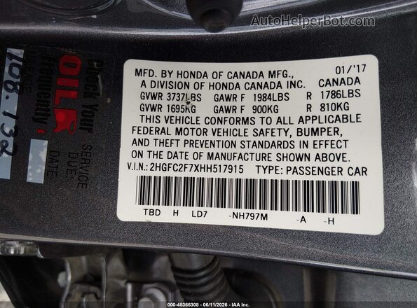 2HGFC2F7XHH517915 2017 HONDA CIVIC Gray Widok komory silnika