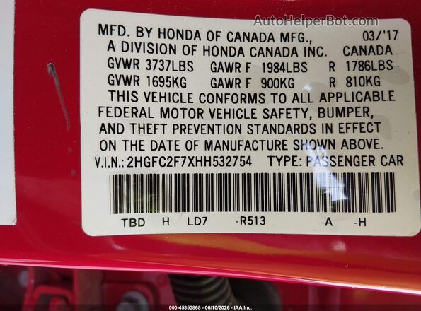 2HGFC2F7XHH532754 2017 HONDA CIVIC Red Widok komory silnika