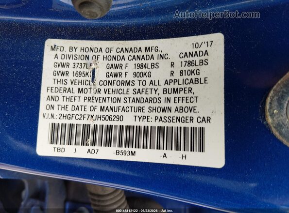 2HGFC2F7XJH506290 2018 HONDA CIVIC Blue Widok komory silnika