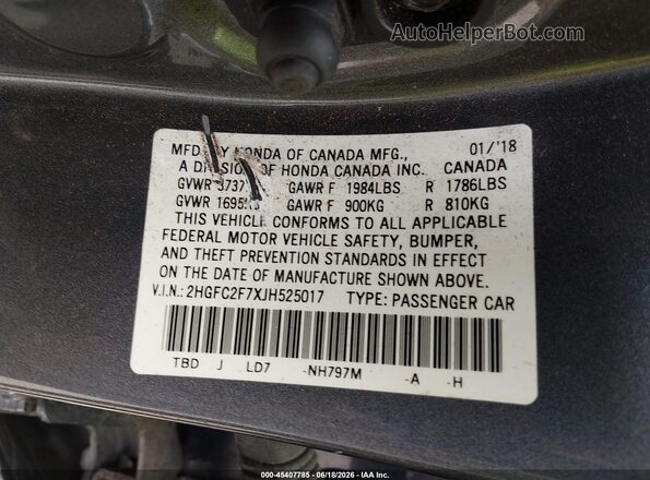 2HGFC2F7XJH525017 2018 HONDA CIVIC Gray Vista del compartimento del motor