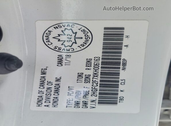 2HGFC2F7XKH006163 2019 HONDA CIVIC White 