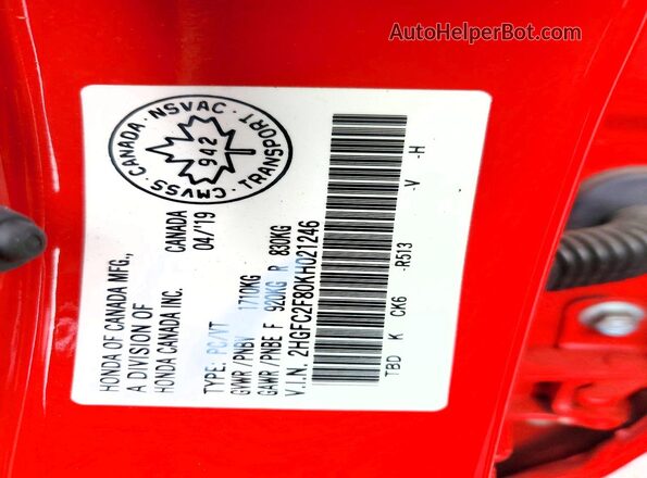 2HGFC2F80KH021246 2019 HONDA CIVIC Красный 