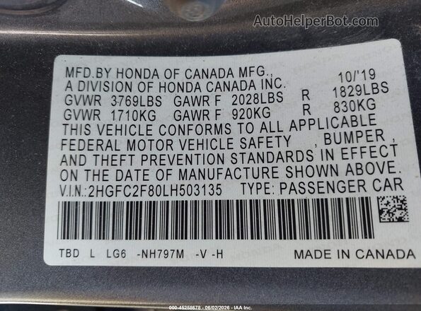 2HGFC2F80LH503135 2020 HONDA CIVIC Gray Widok komory silnika