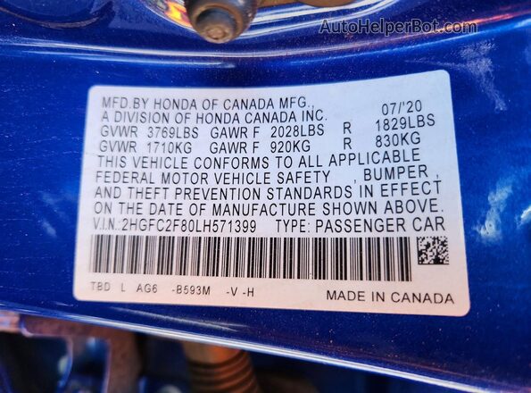 2HGFC2F80LH571399 2020 HONDA CIVIC Blue 