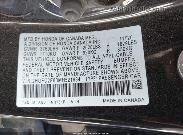 2HGFC2F80MH521684 2021 HONDA CIVIC Black Вид підкапотного простору