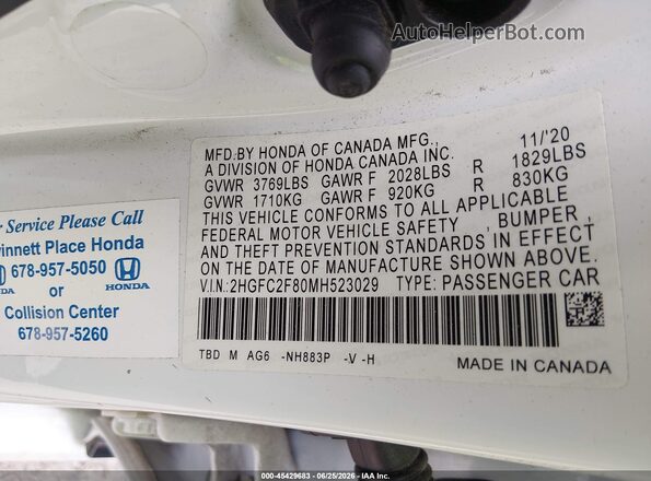 2HGFC2F80MH523029 2021 HONDA CIVIC White ძრავის განყოფილების ხედი