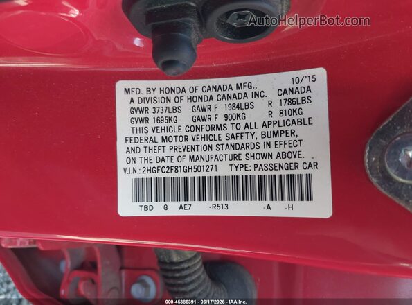 2HGFC2F81GH501271 2016 HONDA CIVIC Red Widok komory silnika