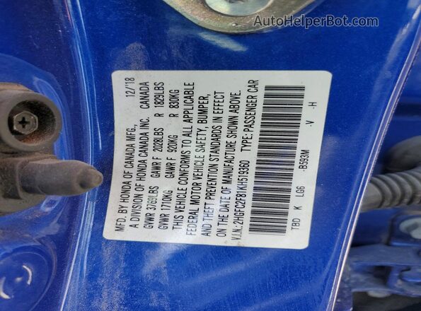 2HGFC2F81KH519360 2019 HONDA CIVIC Blue Vista del compartimento del motor