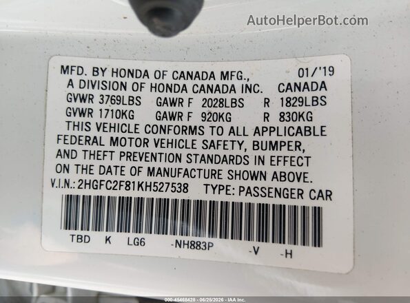 2HGFC2F81KH527538 2019 HONDA CIVIC Белый Вид подкапотного пространства