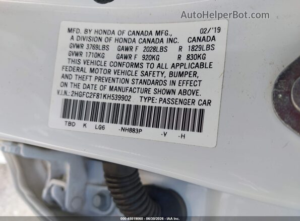 2HGFC2F81KH539902 2019 HONDA CIVIC White Widok komory silnika