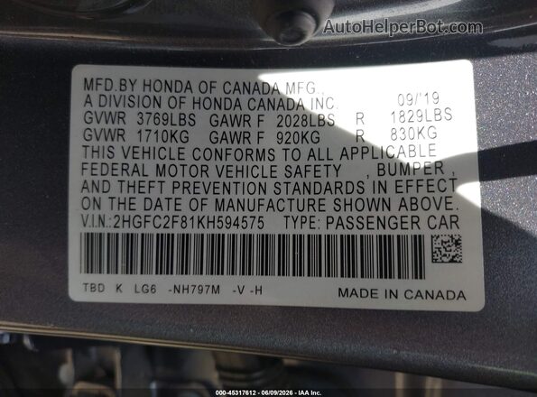 2HGFC2F81KH594575 2019 HONDA CIVIC Gray Вид підкапотного простору
