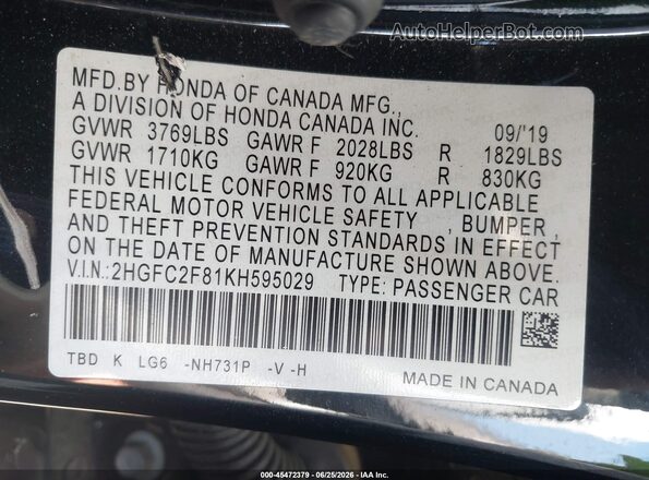 2HGFC2F81KH595029 2019 HONDA CIVIC Black Engine compartment view