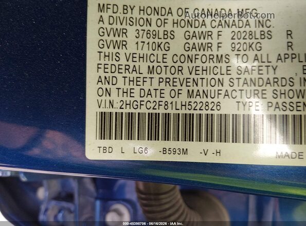 2HGFC2F81LH522826 2020 HONDA CIVIC Blue Вид підкапотного простору