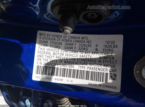2HGFC2F81LH601669 2020 HONDA CIVIC Blue ძრავის განყოფილების ხედი