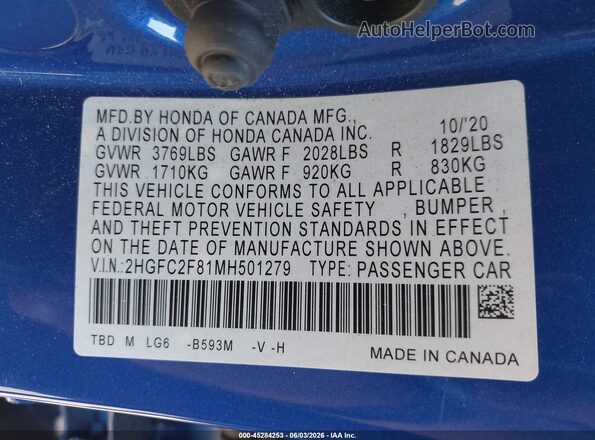 2HGFC2F81MH501279 2021 HONDA CIVIC Синий Вид подкапотного пространства