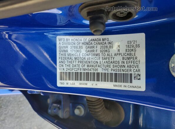 2HGFC2F81MH547596 2021 HONDA CIVIC Blue Widok komory silnika