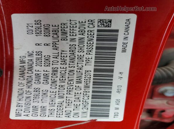 2HGFC2F81MH552376 2021 HONDA CIVIC Red Вид підкапотного простору