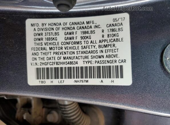 2HGFC2F82HH548634 2017 HONDA CIVIC Gray Vista del compartimento del motor