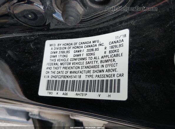 2HGFC2F82KH514118 2019 HONDA CIVIC Black Engine compartment view