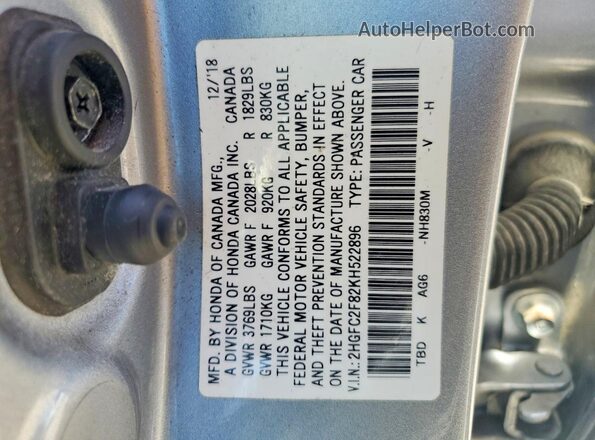 2HGFC2F82KH522896 2019 HONDA CIVIC Silver Widok naklejki z numerem VIN