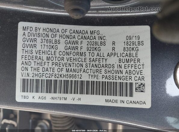 2HGFC2F82KH596612 2019 HONDA CIVIC Серый 