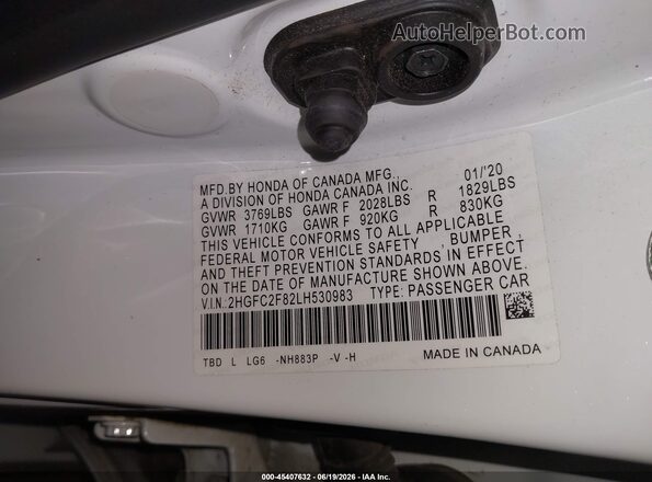 2HGFC2F82LH530983 2020 HONDA CIVIC White Engine compartment view