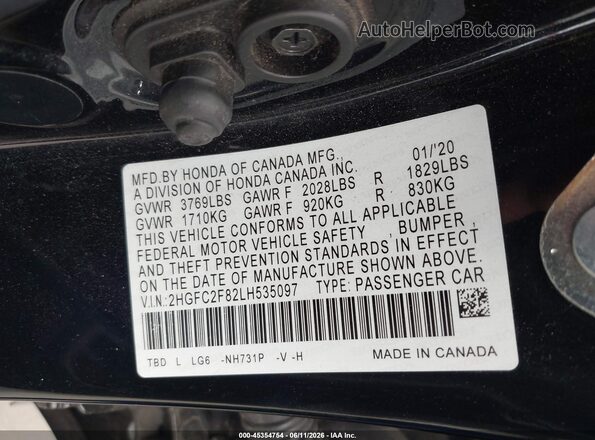 2HGFC2F82LH535097 2020 HONDA CIVIC Black Շարժիչի բաժամունքի տեսք