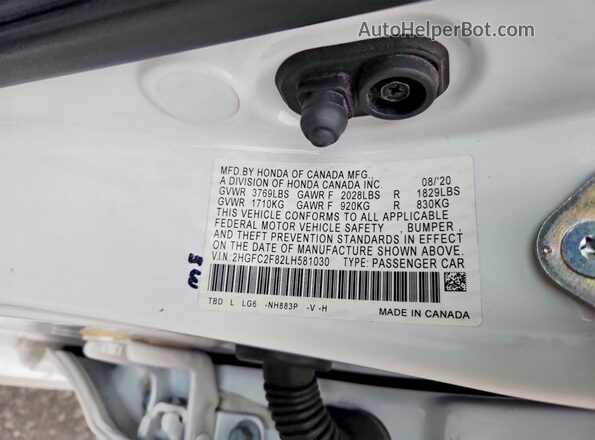 2HGFC2F82LH581030 2020 HONDA CIVIC White ძრავის განყოფილების ხედი