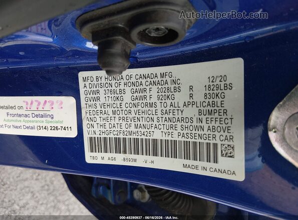 2HGFC2F82MH534257 2021 HONDA CIVIC Blue Вид підкапотного простору