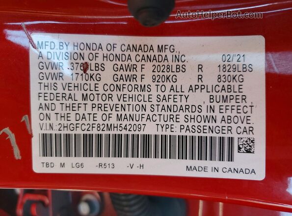 2HGFC2F82MH542097 2021 HONDA CIVIC Red 