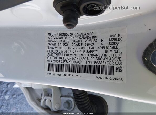 2HGFC2F83KH602837 2019 HONDA CIVIC White Շարժիչի բաժամունքի տեսք