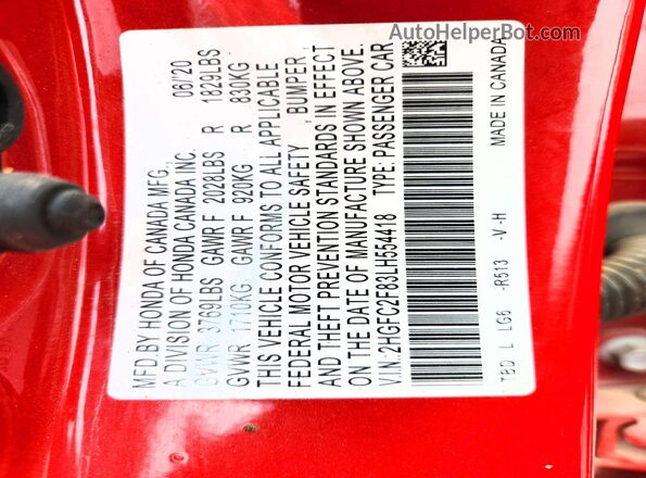 2HGFC2F83LH554418 2020 HONDA CIVIC Красный Вид подкапотного пространства