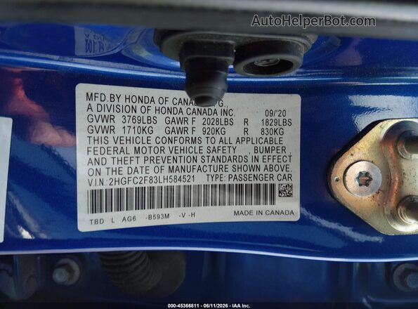 2HGFC2F83LH584521 2020 HONDA CIVIC Blue Vista del compartimento del motor