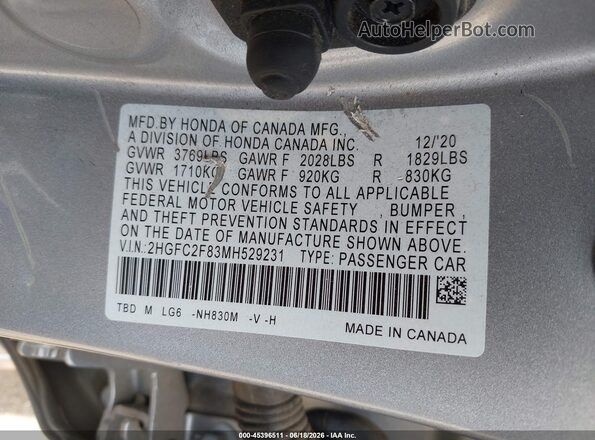 2HGFC2F83MH529231 2021 HONDA CIVIC Silver Вид підкапотного простору
