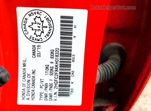 2HGFC2F84KH018320 2019 HONDA CIVIC Red Вид наклейки з VIN-кодом