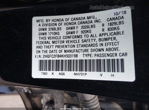 2HGFC2F84KH503198 2019 HONDA CIVIC Black ძრავის განყოფილების ხედი