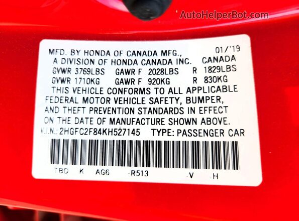 2HGFC2F84KH527145 2019 HONDA CIVIC Red Engine compartment view