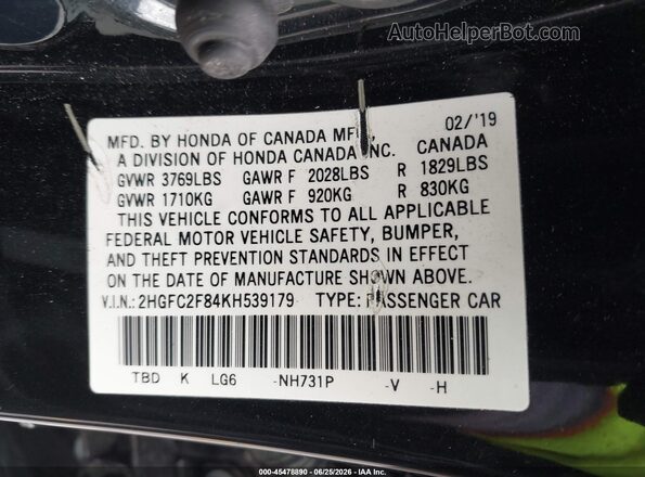 2HGFC2F84KH539179 2019 HONDA CIVIC Black Vista del compartimento del motor