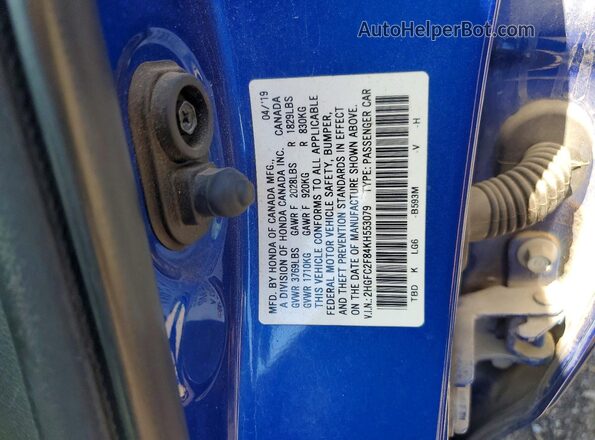 2HGFC2F84KH553079 2019 HONDA CIVIC Blue ძრავის განყოფილების ხედი