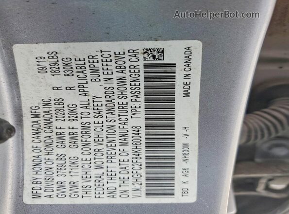 2HGFC2F84KH600448 2019 HONDA CIVIC Серебряный Вид подкапотного пространства