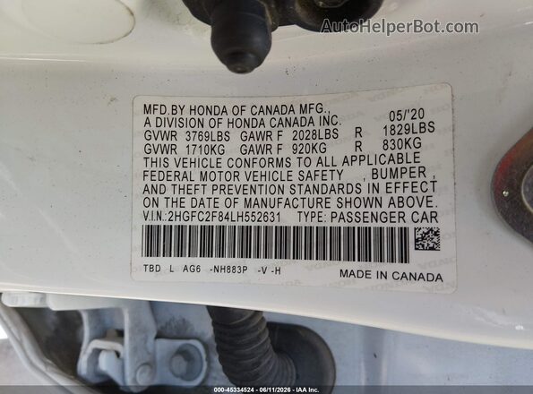 2HGFC2F84LH552631 2020 HONDA CIVIC White Engine compartment view