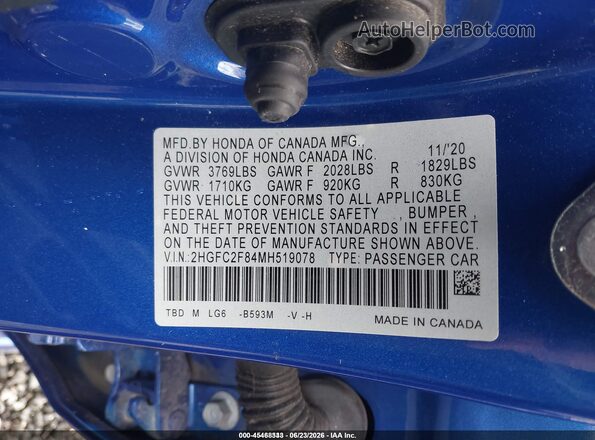 2HGFC2F84MH519078 2021 HONDA CIVIC Blue ძრავის განყოფილების ხედი