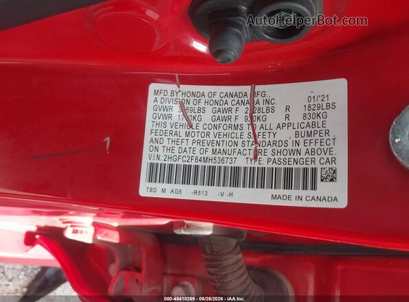 2HGFC2F84MH536737 2021 HONDA CIVIC Красный Вид подкапотного пространства