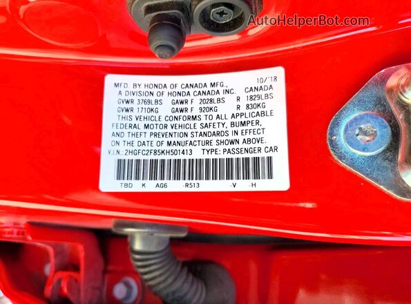 2HGFC2F85KH501413 2019 HONDA CIVIC Red Շարժիչի բաժամունքի տեսք