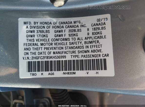 2HGFC2F85KH536999 2019 HONDA CIVIC Silver 