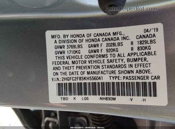 2HGFC2F85KH556041 2019 HONDA CIVIC Silver Շարժիչի բաժամունքի տեսք