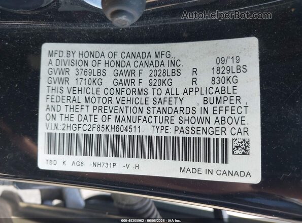 2HGFC2F85KH604511 2019 HONDA CIVIC Black Engine compartment view