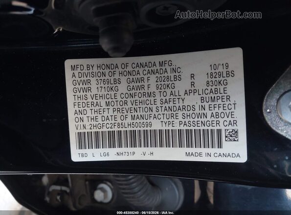 2HGFC2F85LH500599 2020 HONDA CIVIC Black Շարժիչի բաժամունքի տեսք