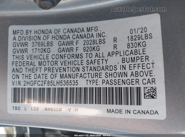 2HGFC2F85LH536535 2020 HONDA CIVIC Silver Engine compartment view