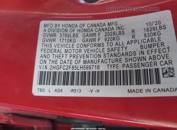 2HGFC2F85LH599716 2020 HONDA CIVIC Red Vista del compartimento del motor